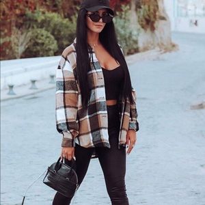 Plaid Boyfriend fit oversized shacket jacket tan